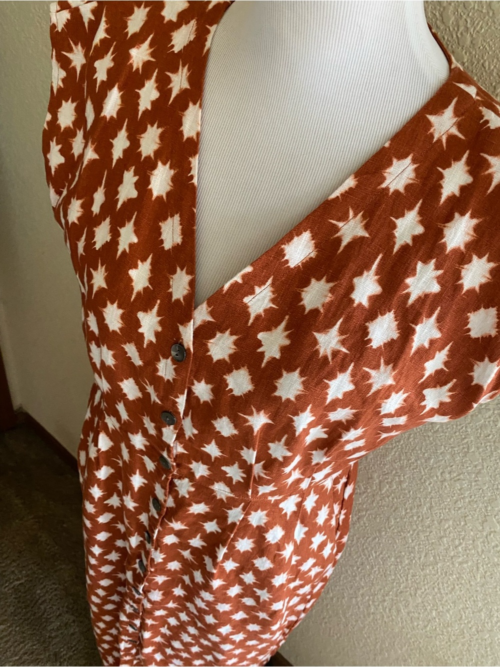 Garnet Hill Linen Midi Dress Rust Brown Star-Print Button Front Dress Sleeveless - Picture 3 of 13